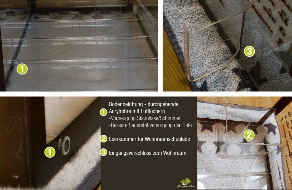 Vier in Reihe gelegte Acrylröhrchen mit vielen Luftlöchern, unten am Boden des Nagariums entlang. Zur besseren Durchlüftung von Einstreumaterialien.