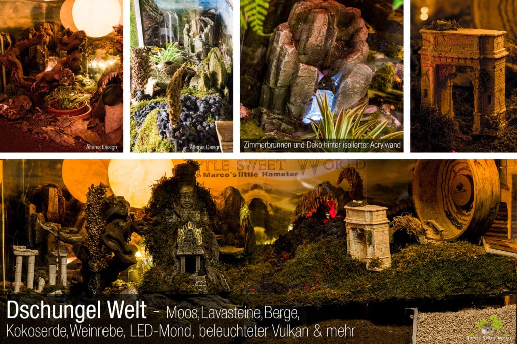 Nagarium Dschungelwelt mit Baum, Pflanze, LED-Mond, Wasserfall, Hamsterrad, Tempelruine, Dinoschädel, ganz viel Moos mit Bergen und Kokoswerde als Untergrund.